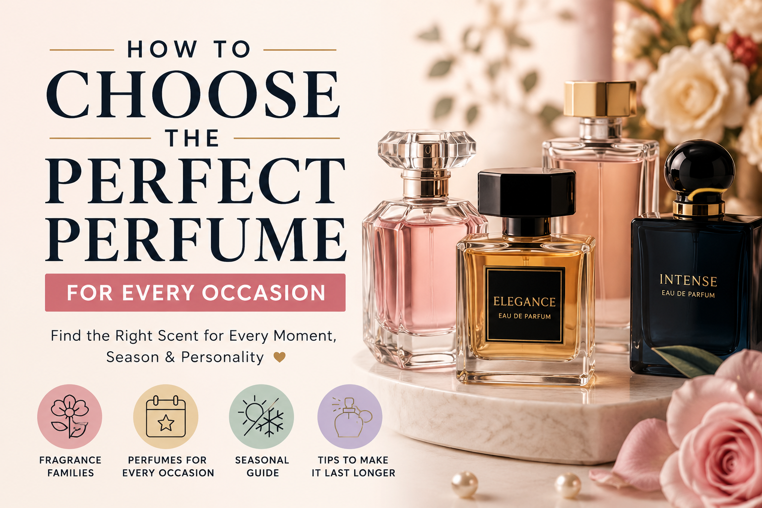Collection of premium men's and women's perfume bottles displayed elegantly for different occasions.